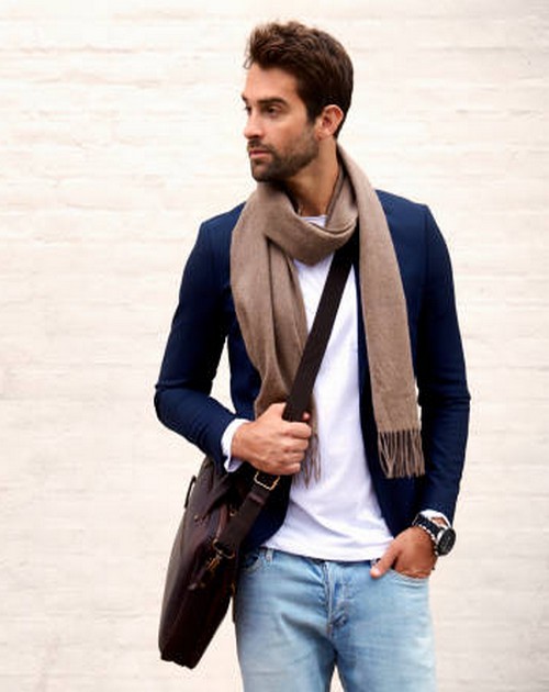 handsome dude in scarf and jacket, looking away